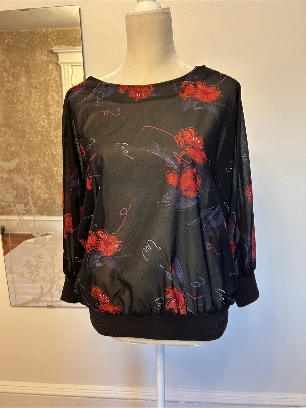 Vintage Black Floral Boatneck Blouse with Red Bloom Detail